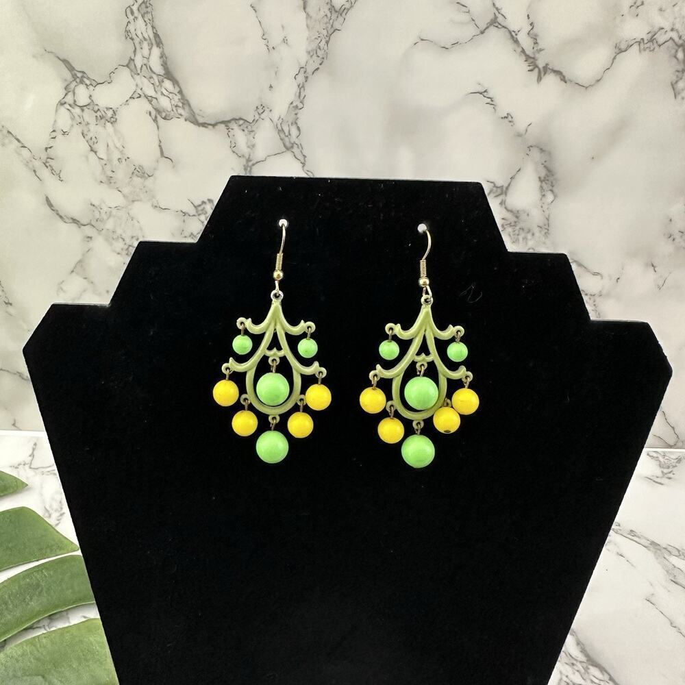 Vintage 60s Chandelier Earrings Mint Green Yellow Beaded Dangle Pastel - Picture 1 of 3